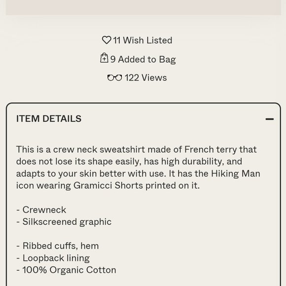 Gramicci Keep On Hiking 100% Organic Cotton Sweatshirt Men's XS - Picture 2 of 4